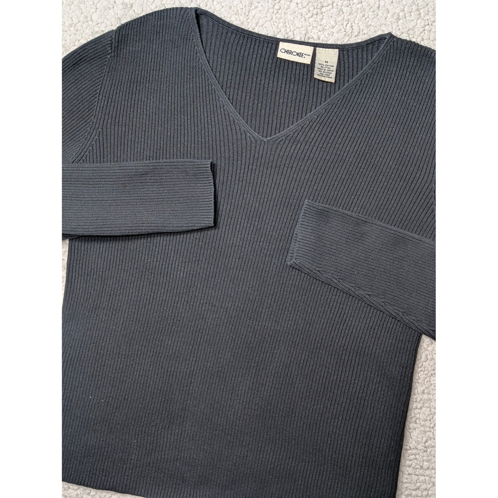 Vintage Cherokee Womens Sweater V-Neck Ribbed Knit 100% Cotton Charcoal Grey M